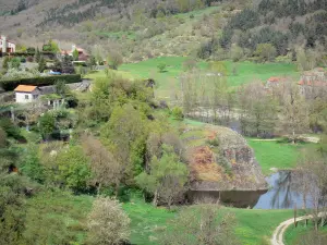 Landschaften der Haute-Loire - Allier-Schluchten: Häuser mit Blick auf den Allier-Fluss, gesäumt von Bäumen