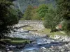 Landschaften der Pyrenäen - Brücke überspannend den Fluss und Bäume am Wasserrand