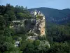 Landschaften des Quercy - Schloß Belcastel, hoch liegend auf seinem Felsen, Bäume und Wald, im Tal Dordogne