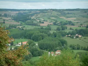 Landschaften des Tarn - Bäume im ersten Plan, Häuser, Felder, Weiden und Wälder