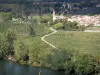 Landschaften des Tarn-et-Garonne - Tal der Garonne: Fluss Garonne, Bäume am Flussufer, Felder, Kirche und Häuser des Dorfes Espalais