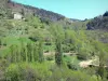 Landschappen van de Ardèche - Regionale Natuurpark van de Monts d'Ardèche - Land kastanje: stenen huis met uitzicht op de droge stenen terrassen