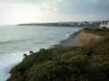 Landschappen van de kust van Bretagne - Zee (Atlantische Oceaan) en aan de zijkant (kleine klif) versierde huizen