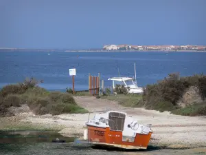 Landschappen van de Languedoc - Kleine boten, vijver en huizen op de achtergrond