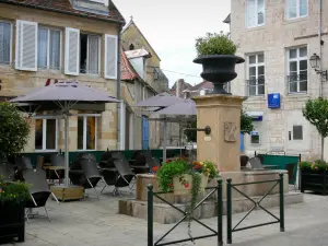 Langres - Fonte, terraço do café e casas da cidade velha