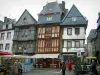 Lannion - Old houses with slate roofs, one half-timbered, market of the old town