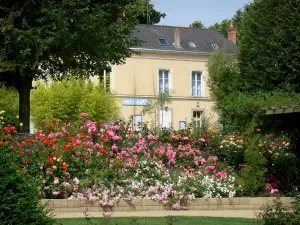 Laval - Jardin de la Perrine : façade de l'Espace Alain Gerbault, rosiers en fleurs et arbres