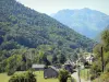 Lesponne valley - Houses of a hamlet and mountains covered with trees; in the Bigorre area
