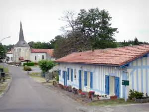 Lévignacq - Maison blanche aux colombages et volets bleus, rue du village et clocher-donjon de l'église Saint-Martin