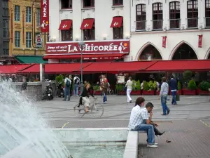 Lille - Fonteinen van de Place Rihour en de gevels van huizen