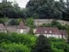 Limeuil - Casas de la villa medieval (medieval) y los árboles, en el Périgord