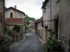 Limeuil - Rue fleurie (fleurs) du village médiéval (cité médiévale) et ses maisons, en Périgord