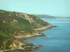 Litoral do Cotentin - Route des Caps: costa selvagem, mouros com vista para o mar (o canal); paisagem da península Cotentin