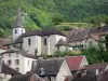 Lods - Clocher de l'église Saint-Théodule, toits de maisons du village et arbres ; dans la vallée de la Loue
