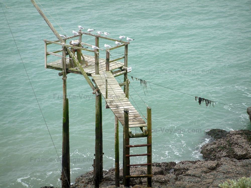 Guide de la Loire-Atlantique - Paysages du littoral de Loire-Atlantique - Ponton sur pilotis avec des oiseaux marins, rochers et mer (océan Atlantique)