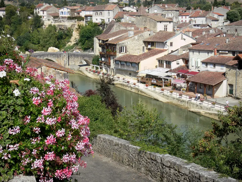 Gids van de Lot-et-Garonne - Nérac - Geraniums (bloemen) op de voorgrond met uitzicht op de rivier de Baise en de huizen van de oude Nérac (middeleeuwse)