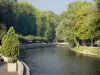 Lourdes - Domaine de la Grotte (sanctuaires, cité religieuse) : gave de Pau (cours d'eau) et rives plantées d'arbres