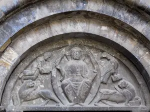 Luz-Saint-Sauveur church - Carved tympanum (Christ in Majesty) of the gate of the Saint-André fortified church (church of the Templars)