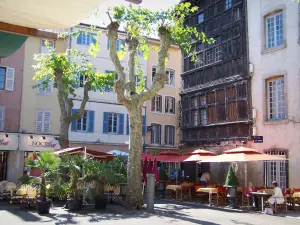 Mâcon - Place aux Herbes: Casa in legno facciate delle case rinascimentali, platani (alberi) e ristoranti all'aperto
