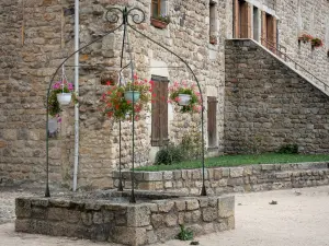 Le Malzieu-Ville - Puits fleuri et façade de pierres