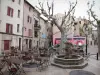 Manosque - Place Marcel Pagnol : fontaine, terrasse de café, platanes (arbres) et maisons de la vieille ville