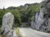 Massif de l'Aigoual - Route de montagne bordée de rochers ; dans le Parc National des Cévennes (massif des Cévennes)