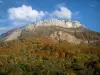 Massiv Bauges - Regionaler Naturpark des Massivs Bauges: Wald im Herbst, Kalkfelsen und Wolken im blauen Himmel