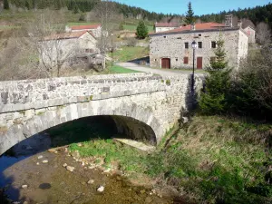 Mazan-l'Abbaye - Puente sobre el arroyo de Mazan y casas de la aldea en las montañas de Ardèche