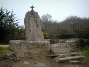 Menhir de Saint-Uzec - Menhir de Saint-Uzec portant des motifs chrétiens et une croix, arbres en arrière-plan