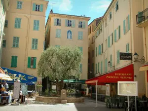 Menton - Kleiner Platz mit seinen hohen Häusern, seinem Olivenbaum, seinem kleinen Brunnen und seinen Restaurants