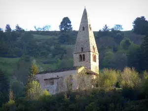 Mère-Église van Saint-Disdier - Moeder-kerk of kapel Gicons Romaanse klokkentoren met stenen en rieten dak en leisteen, in Devoluy