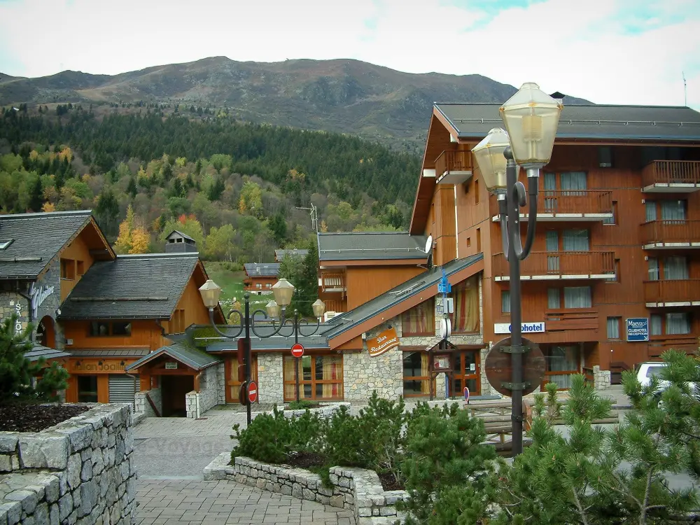 Méribel - Sträucher, Strassenleuchte, Wohnhäuser-Chalets aus Holz des Wintersportortes, Bäume im Herbst und Tannenwald