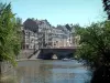 Metz - Rivière (Moselle) avec bateaux, pont fleuri, arbres et bâtiments