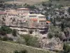 Minerva - Casas da aldeia colocado em um afloramento rochoso, campos e paredes rochosas, no Parque Natural Regional de Haut-Languedoc