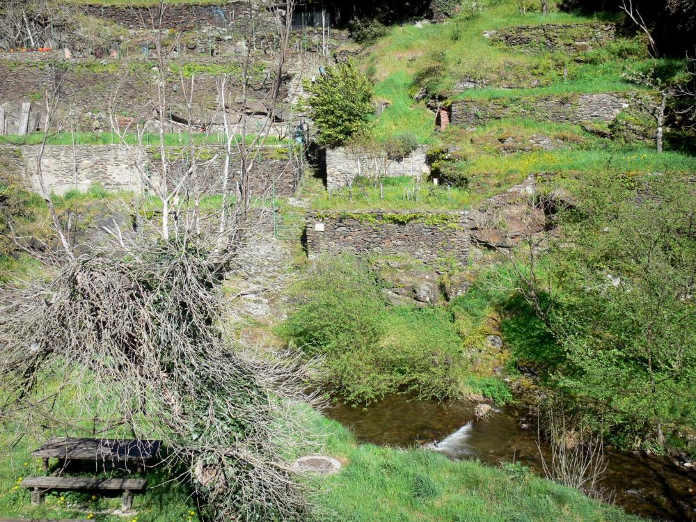 Montagne Noire - Terrasvormige tuinen en picknicktafel aan de rand van het water, Roquefère