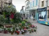 Montluçon - Strassenauslage mit Blumen (Markt), Blumendekoration und Häuser der Altstadt