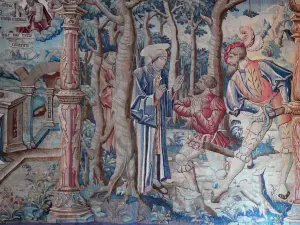 Montpezat-de-Quercy - In der Stiftskirche Saint-Martin: flämischer Wandteppich (Flandern Wandbehang): Episode des Lebens von Sankt Martin - Durchreisen der Alpen und Räuber