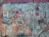 Montpezat-de-Quercy - Dentro de la iglesia de San Martín: Flamenco tapiz (tapiz de Flandes) episodio de la vida de San Martín - milagro del fuego