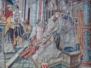 Montpezat-de-Quercy - In der Stiftskirche Saint-Martin: flämischer Wandteppich (Flandern Wandbehang): Episode des Lebens von Sankt Martin - Gottesdienst von Sankt Martin