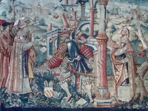Montpezat-de-Quercy - In der Stiftskirche Saint-Martin: flämischer Wandteppich (Flandern Wandbehang): Episode des Lebens von Sankt Martin - Zerstörung eines heidnischen Tempels