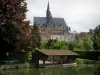 Montrésor - Collégiale de style gothique, maisons du village, arbres et lavoir au bord de la rivière (l'Indrois)