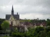 Montrésor - Collégiale de style gothique, maisons du village, arbres et ciel nuageux
