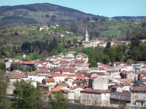 Monts d'Ardècheの地域自然公園 - 教会の尖塔とラマストレ市の住宅の屋根の眺め