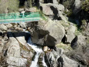Monts d'Ardècheの地域自然公園 - 岩が並ぶ川に架かる歩道橋
