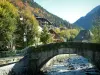 Morzine - Puente sobre el río, árboles, postes de luz y chalets en la localidad (estación de esquí y en verano), bosque de otoño, en el Haut-Blanc
