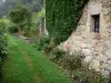 Moulin Richard de Bas - Site du moulin à papier : façade en pierre et allée gazonnée bordée de végétation ; sur la commune d'Ambert, dans le Parc Naturel Régional Livradois-Forez