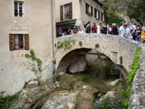 Moustiers Sainte-Marie - Ponte que atravessa a torrente e casas da aldeia