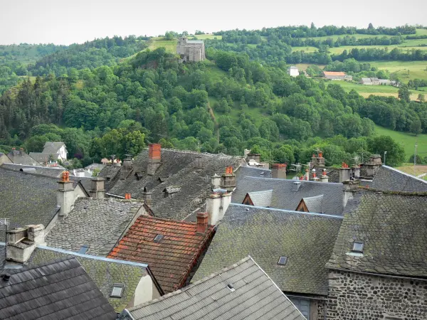 Murat - View of the roofs of the medieval city of Murat and the rock of Bredons with its fortified church surrounded by greenery
