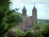 Murbach修道院 - 桃红色砂岩，树和房子屋顶的罗马式教会