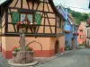 Niedermorschwihr - Puits fleuri et maisons à colombages aux façades colorées (rose, orange, bleu) avec des géraniums